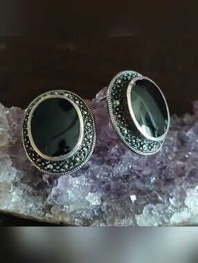vintage sterling silver black onyx & marcasite pierced earrings